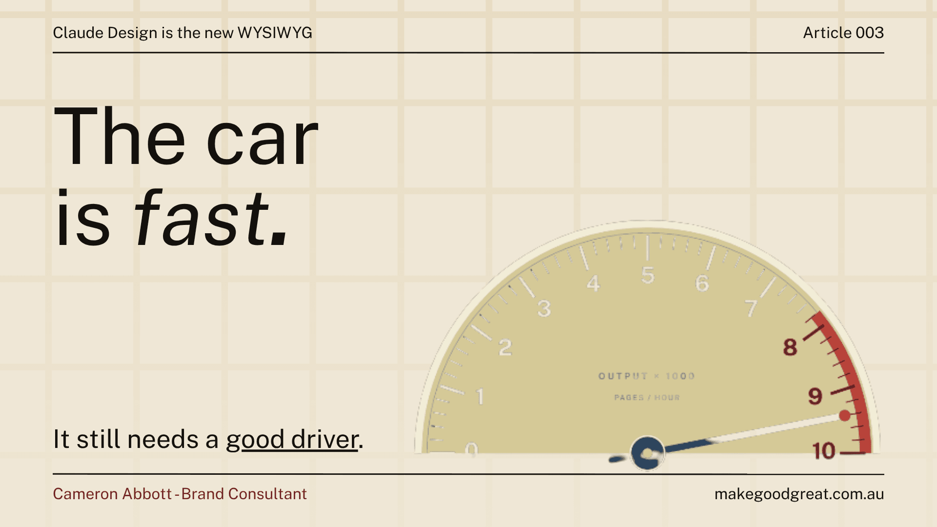 Claude Design is the new WYSIWYG, but it still needs a good driver.' Bold white and gold text reading 'The car is fast. It still needs a good driver.' alongside an illustrated cream speedometer with the needle pinned near maximum output — labelled OUTPUT x 1000, PAGES / HOUR. Dark navy background. Cameron Abbott, Brand Consultant, makegoodgreat.com.au.